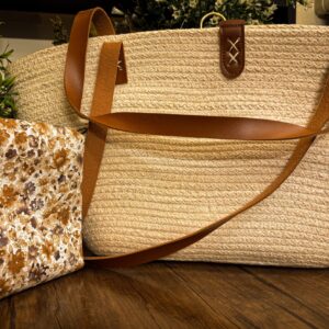 Beige Cotton Cord Bag with Brown Lace